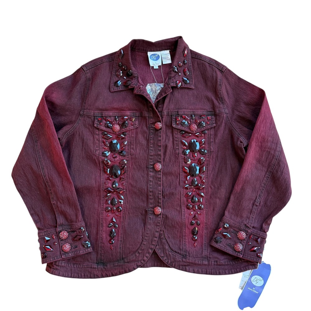 Diane Gilman DG2 Embellished Denim Jacket Burgundy Red Crystal Buttons Size L - Picture 5 of 11